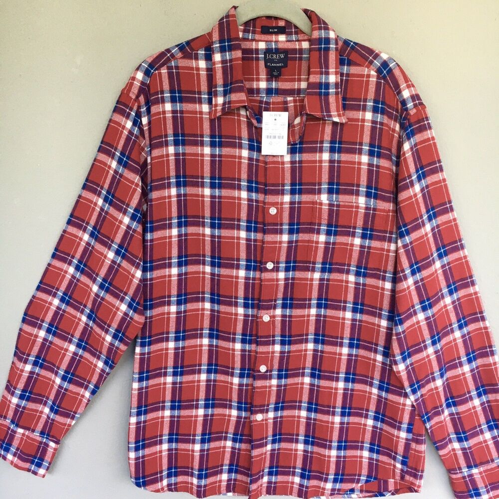 J Crew Plaid Button Up Shirt Men M Red Blue Flannel Slim Long Sleeve Preppy